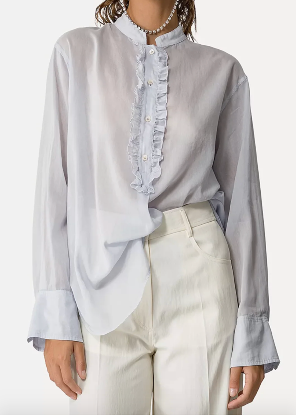 Person wearing Forte Forte Cotton and Silk Voile Granddad Ruffle Shirt Pure White