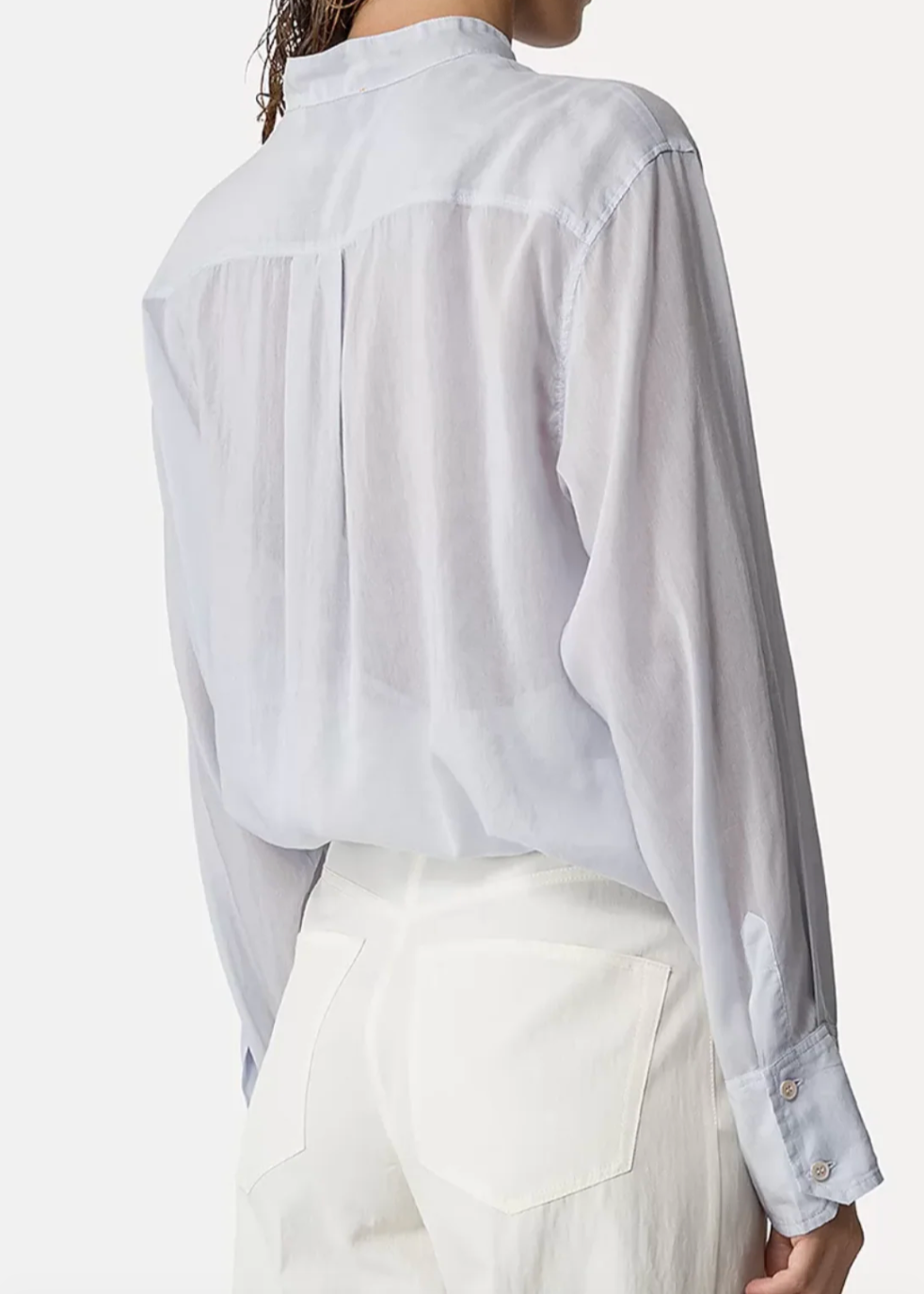Person wearing Forte Forte Cotton and Silk Voile Granddad Ruffle Shirt Pure White