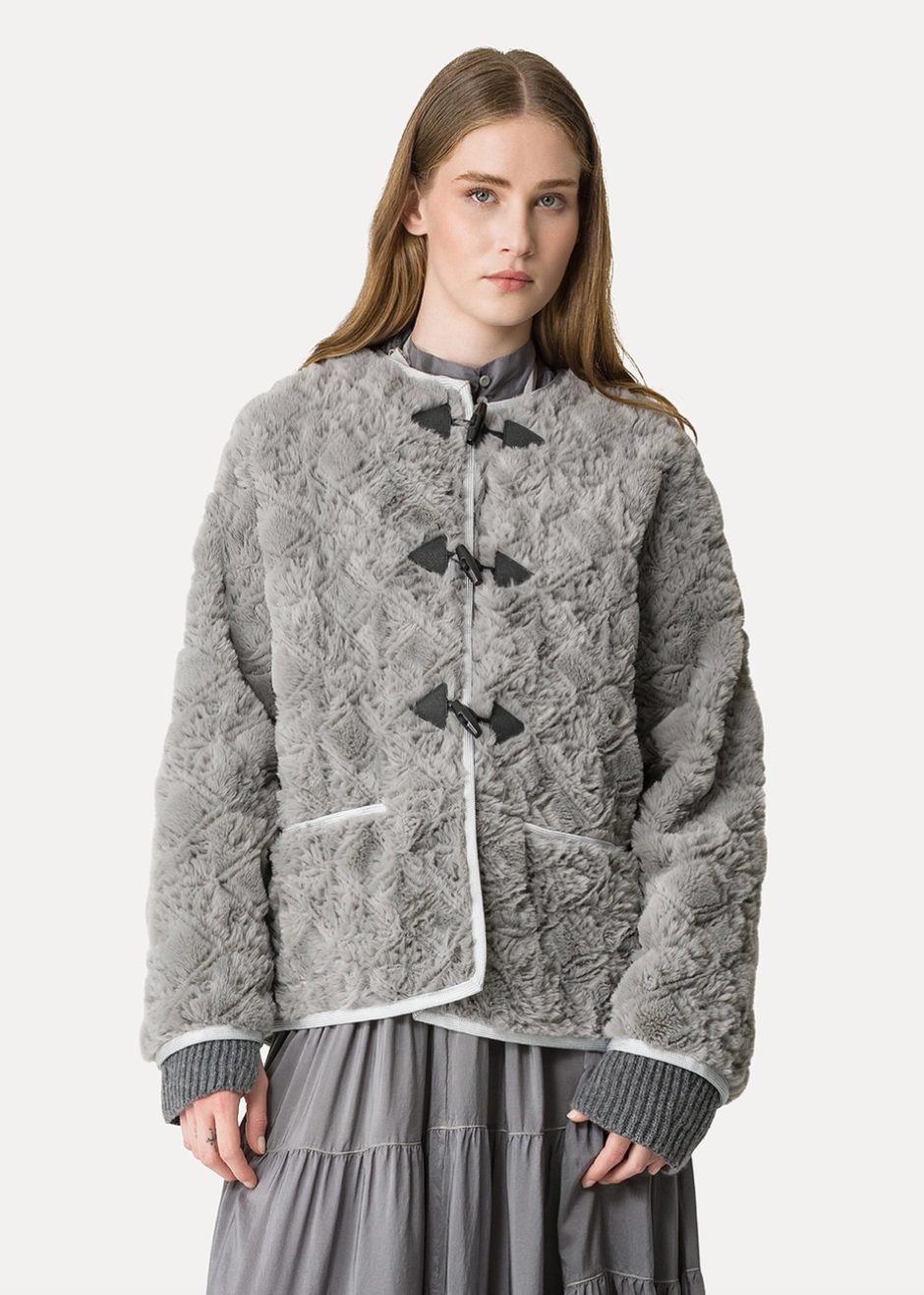 Person wearing Forte forte Embroidered Faux Fur Jacket pearl grey