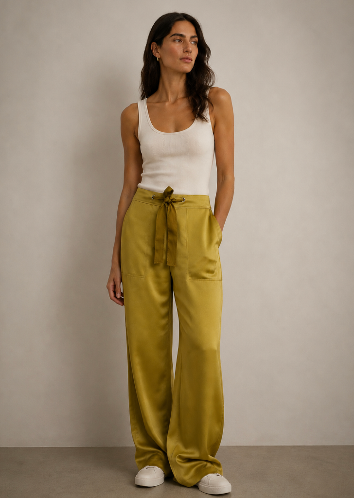 person wearing Forte forte satin pants antique goldwomens 14364_mypants-F48M.6031-01