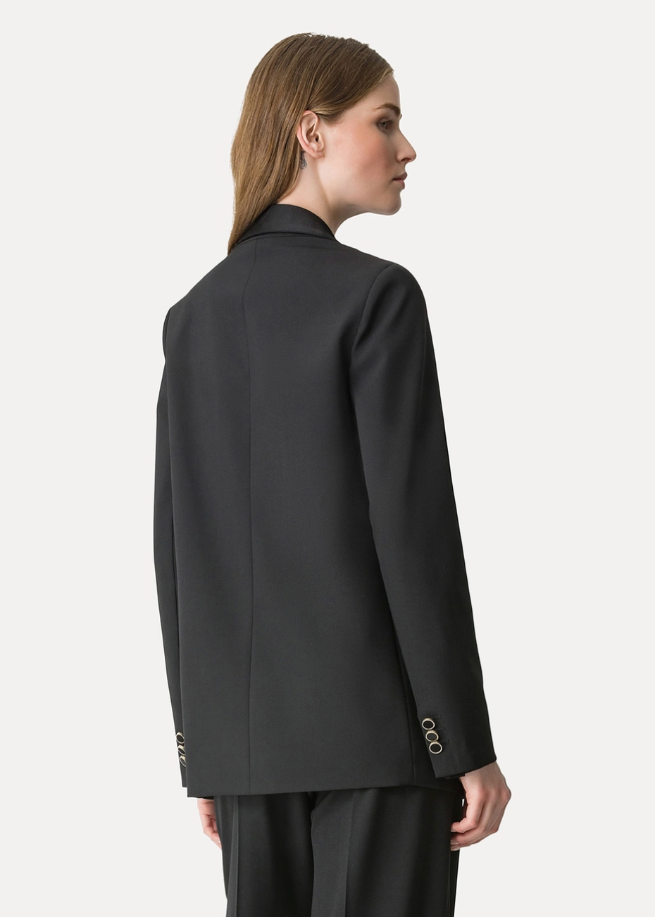 Person wearing Forte forte womens Dinner Jacket Blazer in Wool Blend Canvas Noir Black 14325_myjacket