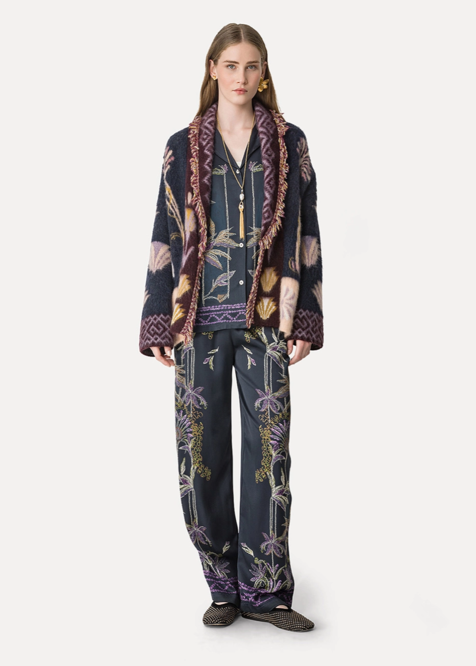 Person wearing Forte forte womens Sogni Print Relaxed Satin Shirt and Pants
