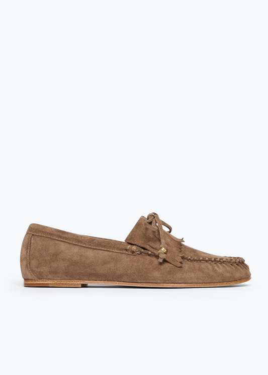 Freda Salvador Celeste Fringe Loafer in Sesame Suede