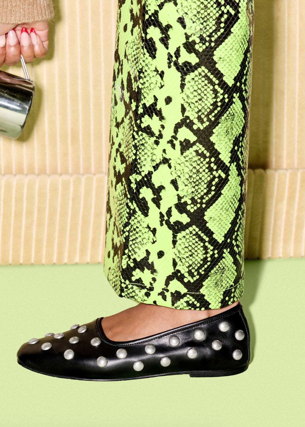 Person wearing Freda Salvador Jessie Studded Leather Ballet Flats