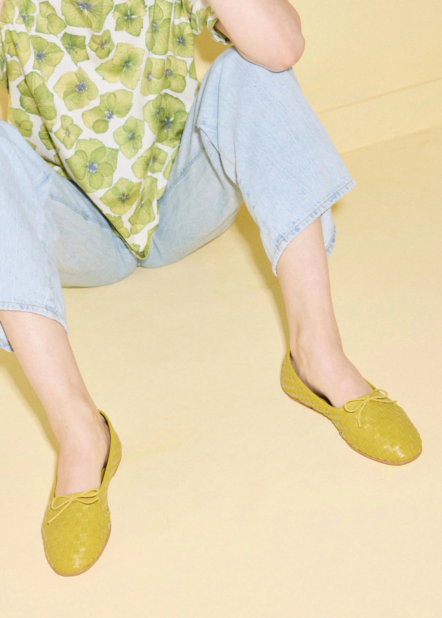 person wearing Freda Salvador womens Roma Ballet Flat in Chartreuse Green
