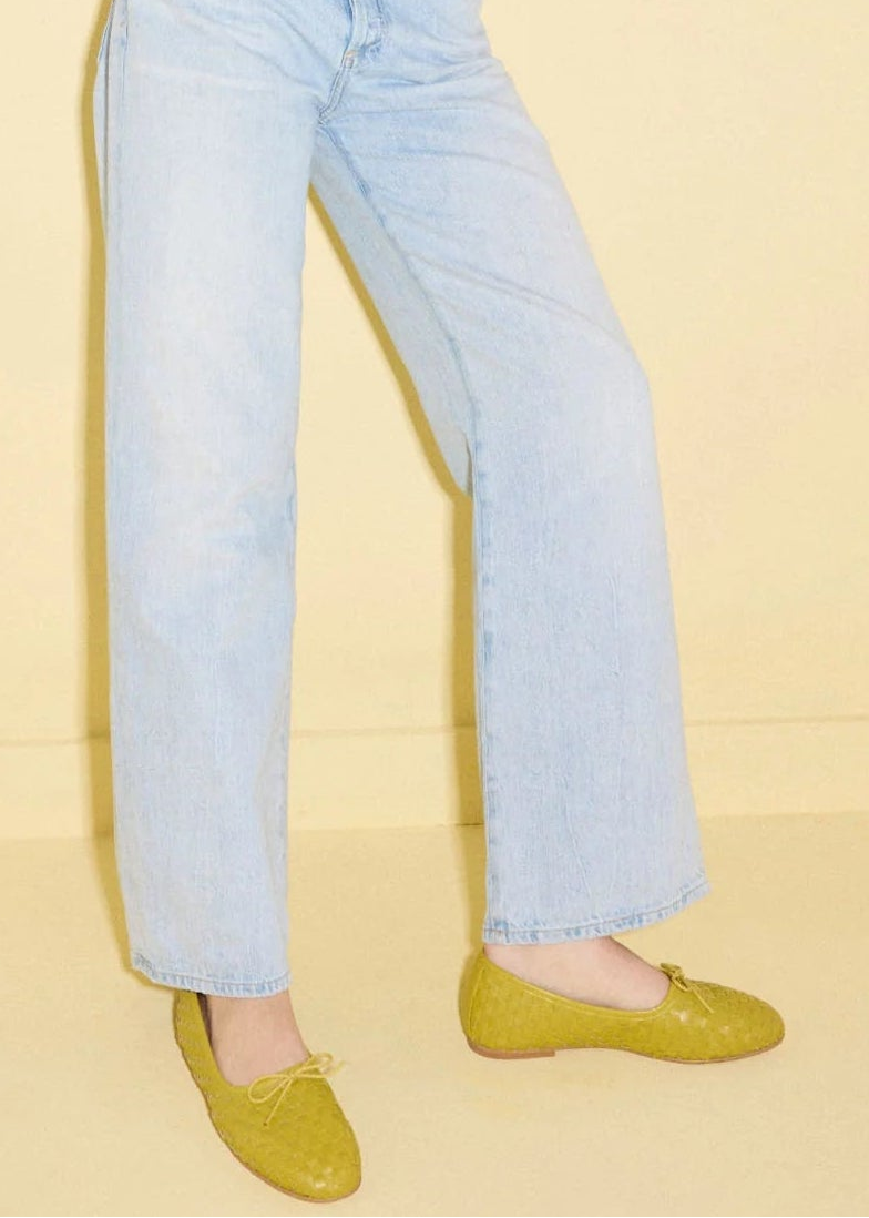 person wearing Freda Salvador womens Roma Ballet Flat in Chartreuse Green