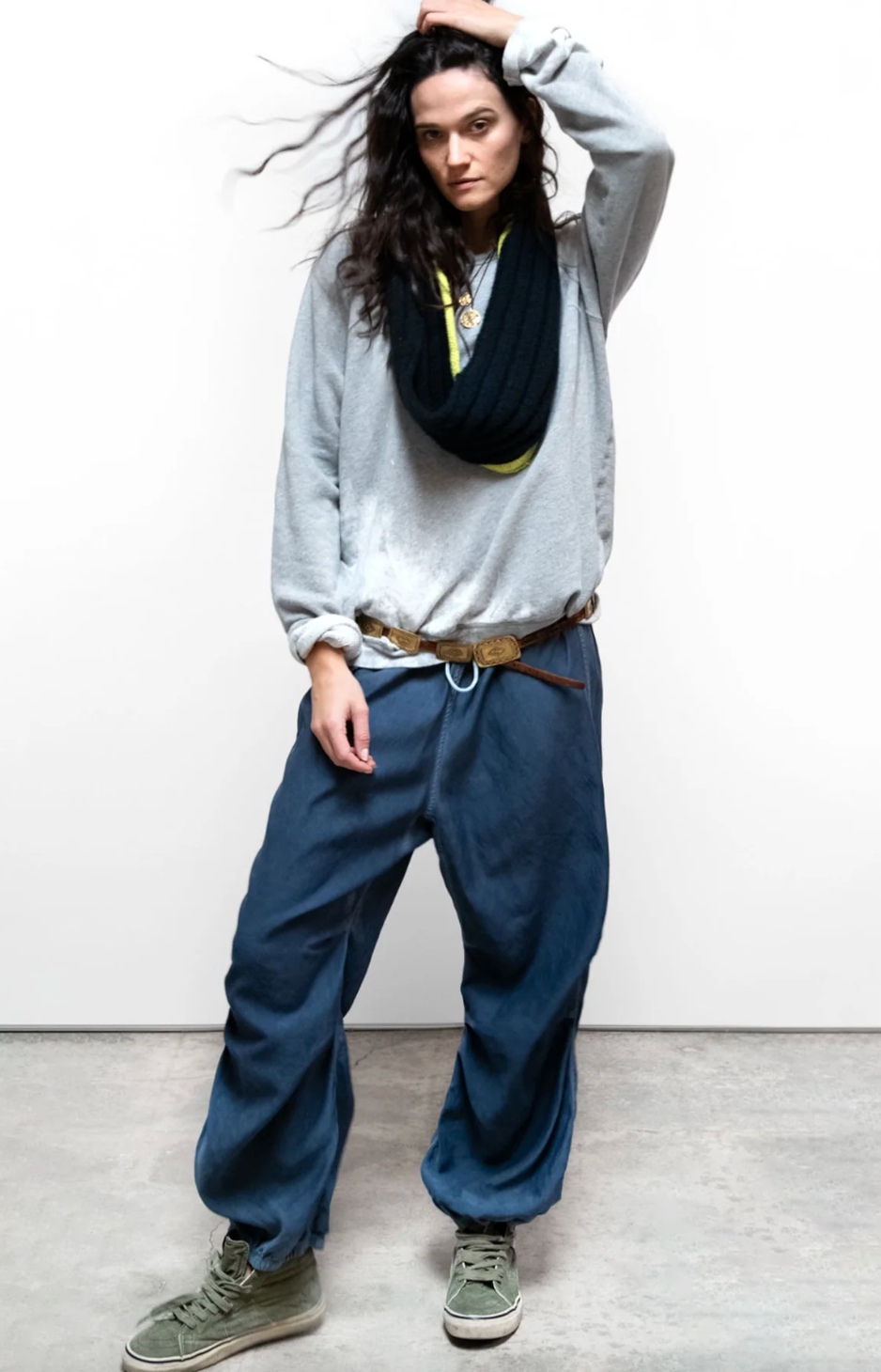 Person wearing Freecity Matte Satin Drawcord Biggy Pants in Moonshrooms