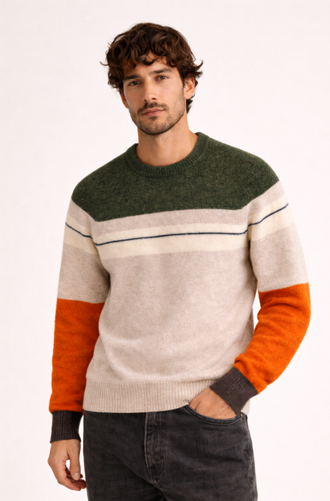 person wearing Freecity unisex striped Après Alps Cashmere Crewneck Sweater