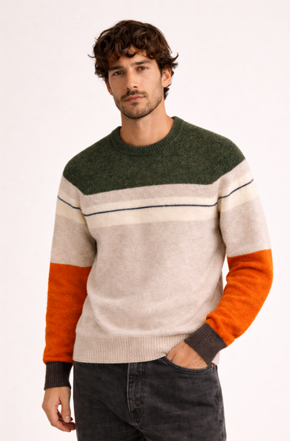 person wearing Freecity unisex striped Après Alps Cashmere Crewneck Sweater