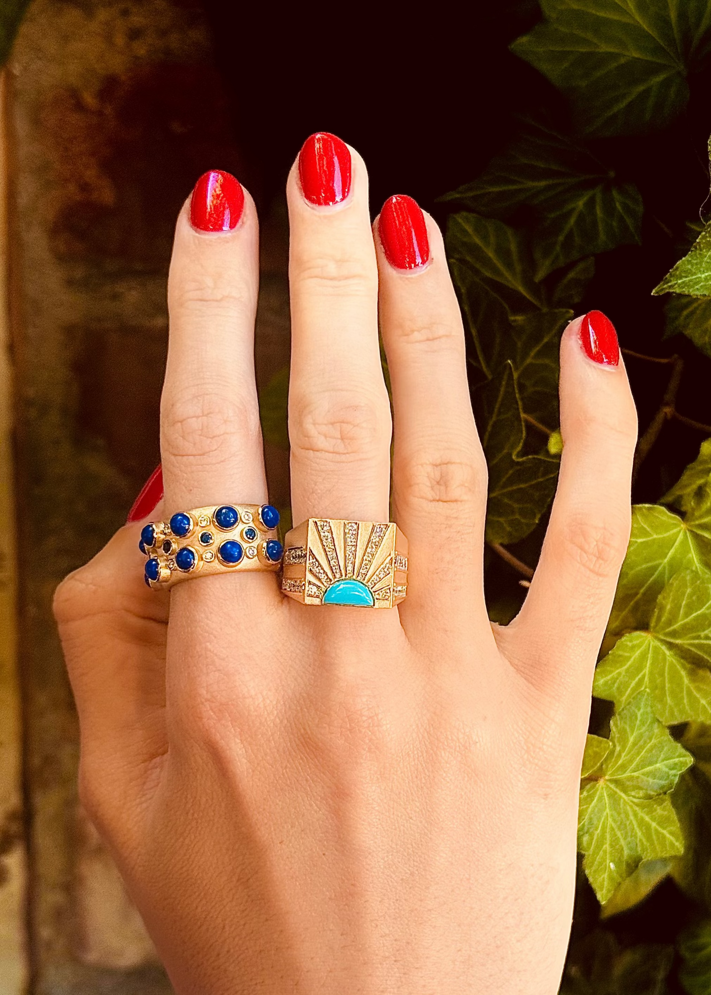 Person wearing Grace Winfrey fine jewelry 18k yellow gold Diamond Sun Ray Signet Ring with Turquoise