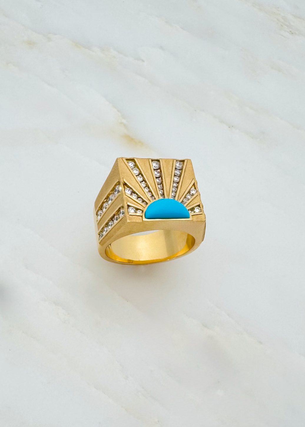Grace Winfrey fine jewelry 18k yellow gold Diamond Sun Ray Signet Ring with Turquoise