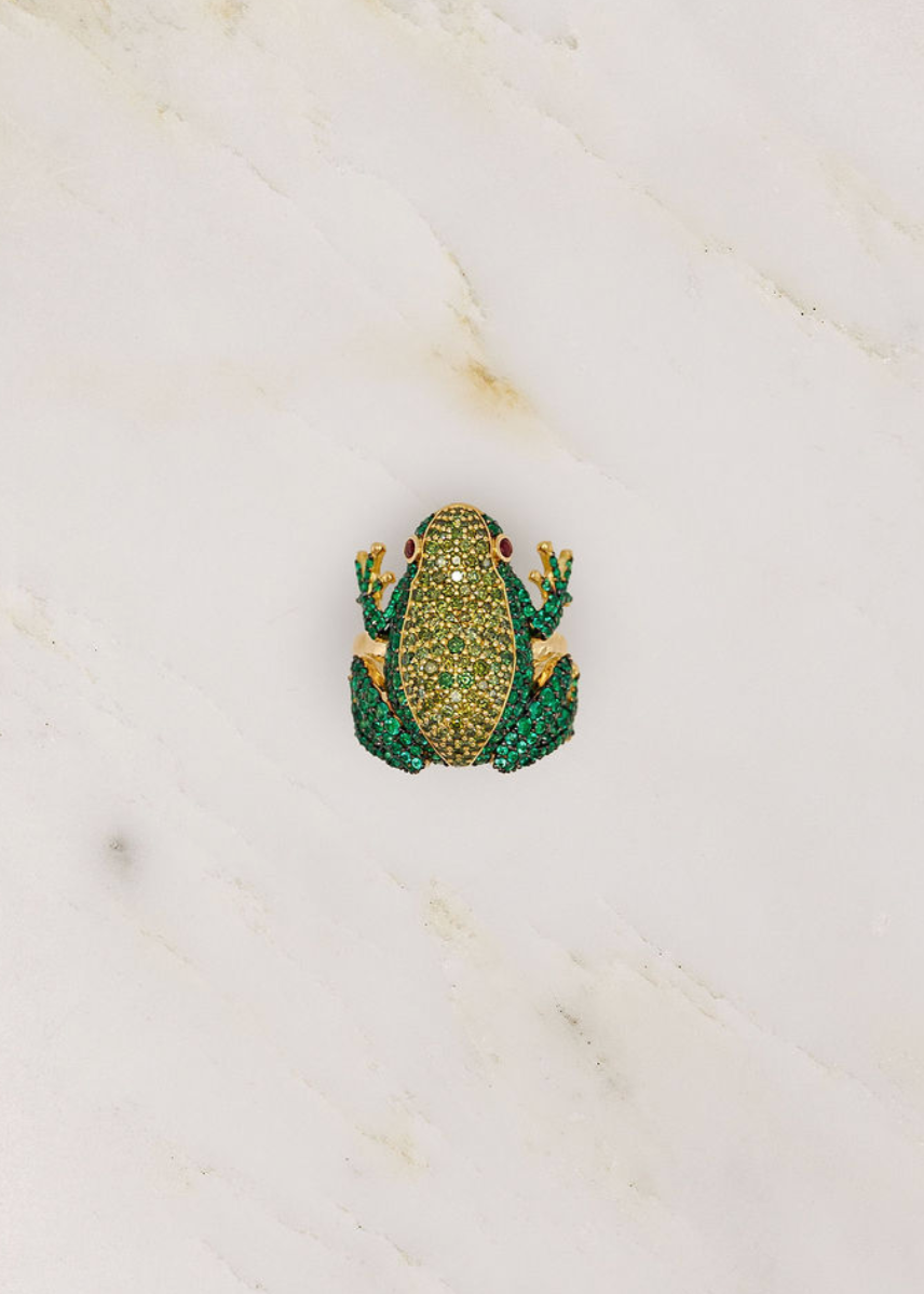 Grace Winfrey fine jewelry 18k yellow gold Frog Ring emeralds green diamonds ruby
