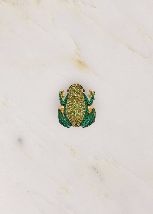 Grace Winfrey fine jewelry 18k yellow gold Frog Ring emeralds green diamonds ruby