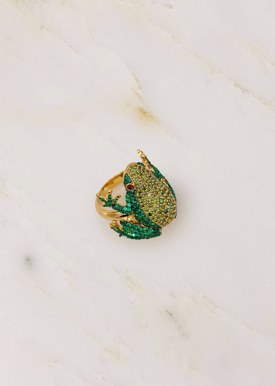 Grace Winfrey fine jewelry 18k yellow gold Frog Ring emeralds green diamonds ruby