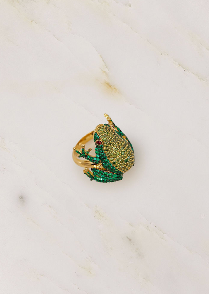 Grace Winfrey fine jewelry 18k yellow gold Frog Ring emeralds green diamonds ruby