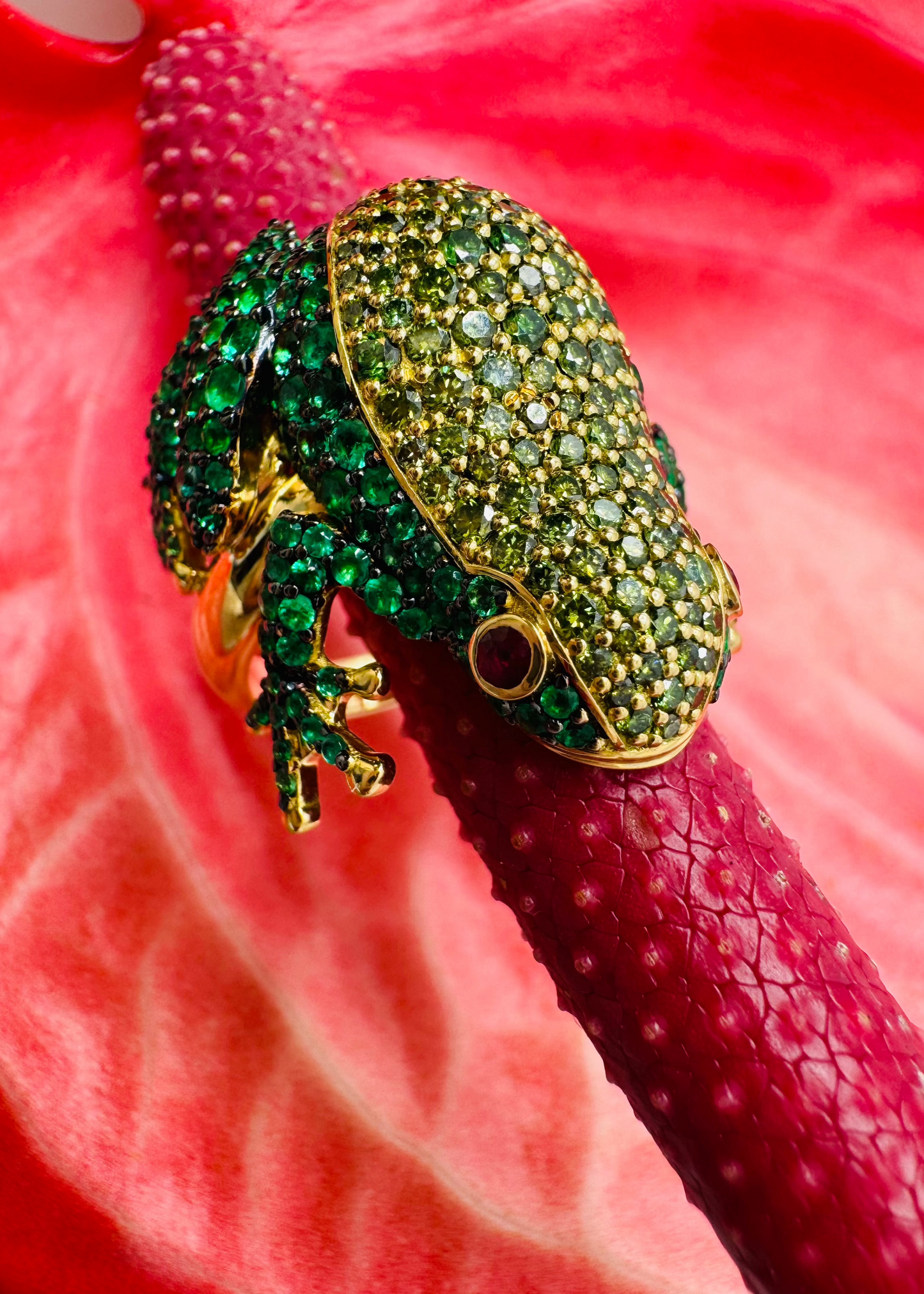 Grace Winfrey fine jewelry 18k yellow gold Frog Ring emeralds green diamonds ruby