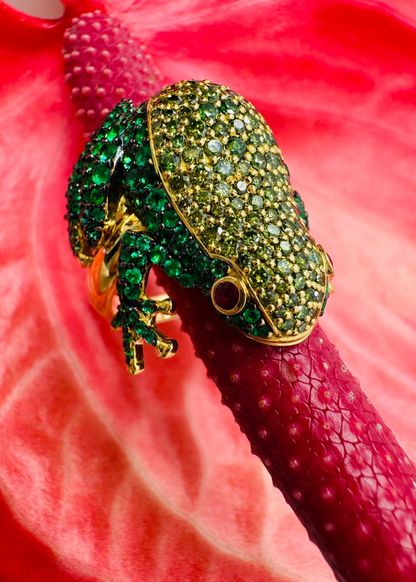 Grace Winfrey fine jewelry 18k yellow gold Frog Ring emeralds green diamonds ruby