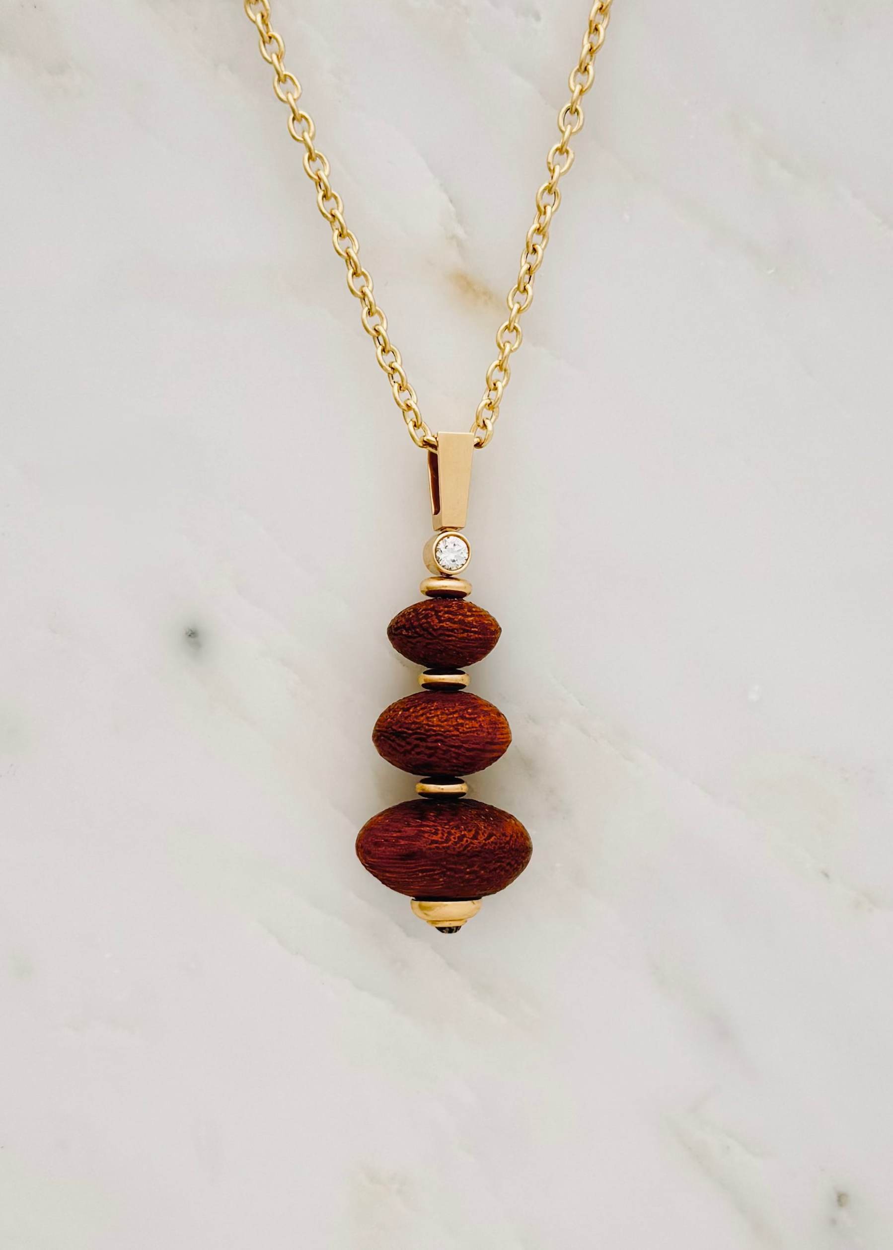 Grace Winfrey fine jewelry 18k yellow gold Root Pendant Necklace with Carved Ebony Wood