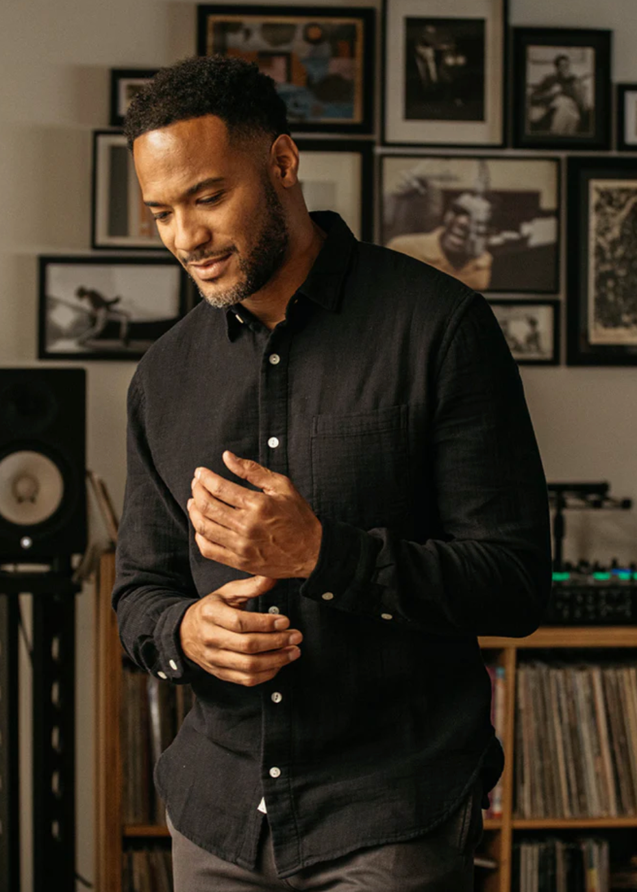 Person wearing Hiroshi Kato Mens The Ripper Waffle Double Gauze Button Up Shirt in Black