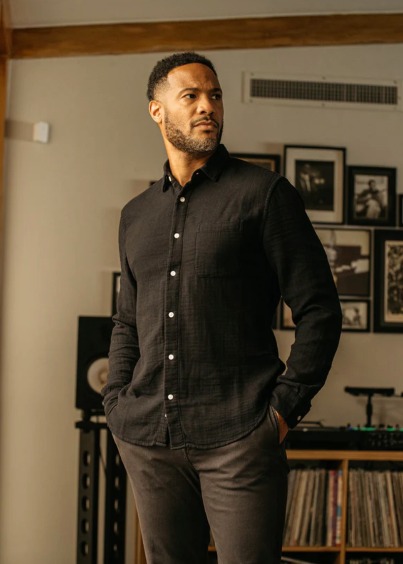 Person wearing Hiroshi Kato Mens The Ripper Waffle Double Gauze Button Up Shirt in Black