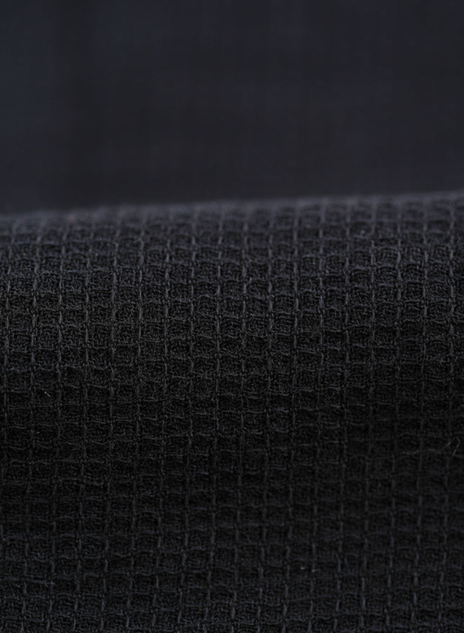 Details of Hiroshi Kato Mens The Ripper Waffle Double Gauze Button Up Shirt in Black fabric