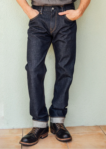 Person wearing Hiroshi Kato The Hammer Straight 10.5oz Stretch Selvedge Denim Jeans