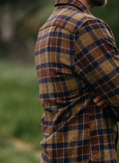 Person wearing Hiroshi Kato mens The Ripper Triple Twisted Plaid in Firewood