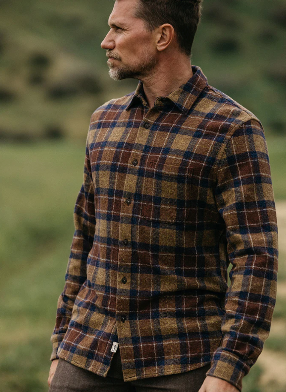 Person wearing Hiroshi Kato mens The Ripper Triple Twisted Plaid in Firewood
