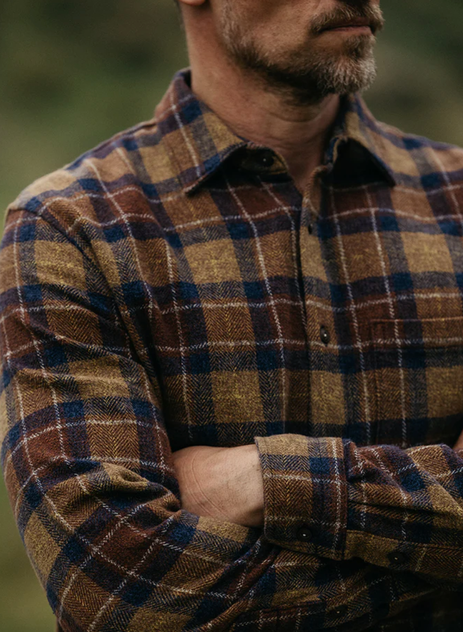 Person wearing Hiroshi Kato mens The Ripper Triple Twisted Plaid in Firewood