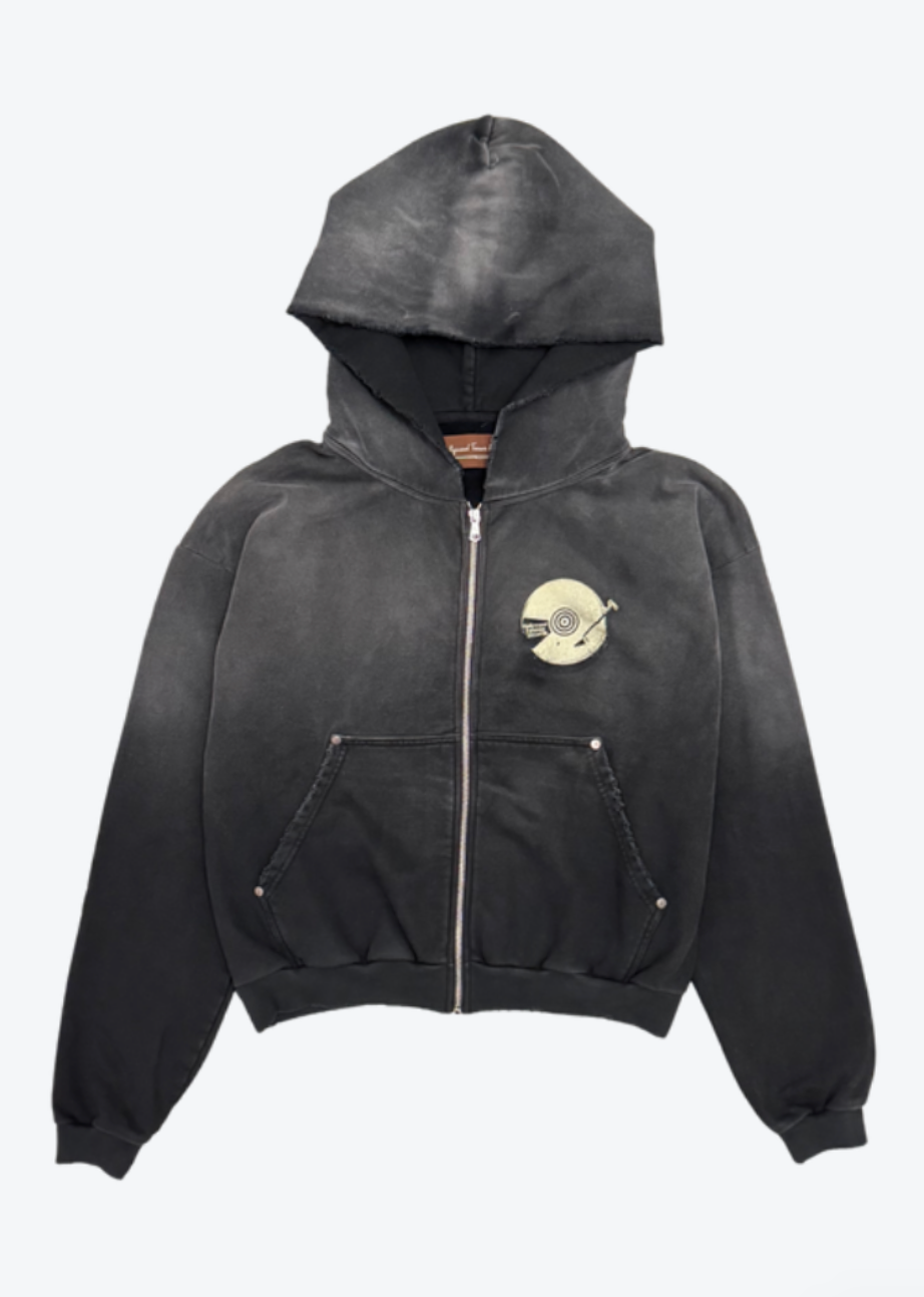 Hollywood Forever Records Western Record Zip Up Hoodie faded black french terry cotton