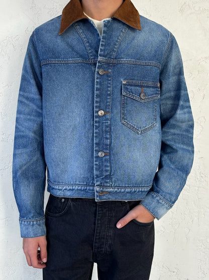 Person wearing Hollywood Forever Records mens Western Denim Suede Jacket