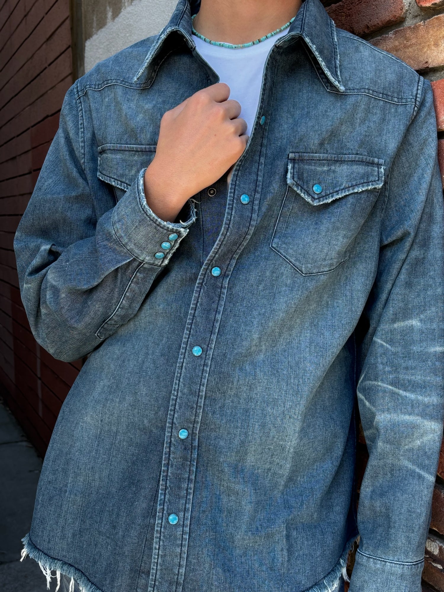 Person wearing Hollywood Forever Records mens chambray denim Turquoise Snap Western Denim Shirt