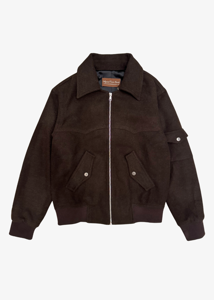 Hollywood Forever Records mens chocolate brown Western Wool Bomber Jacket