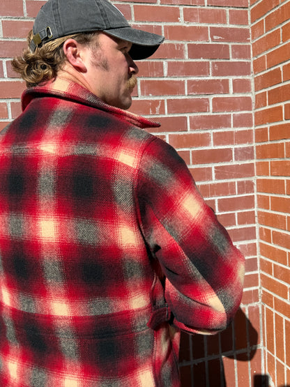 Person wearing Hollywood Forever Records mens wool Plaid Hunter Jacket