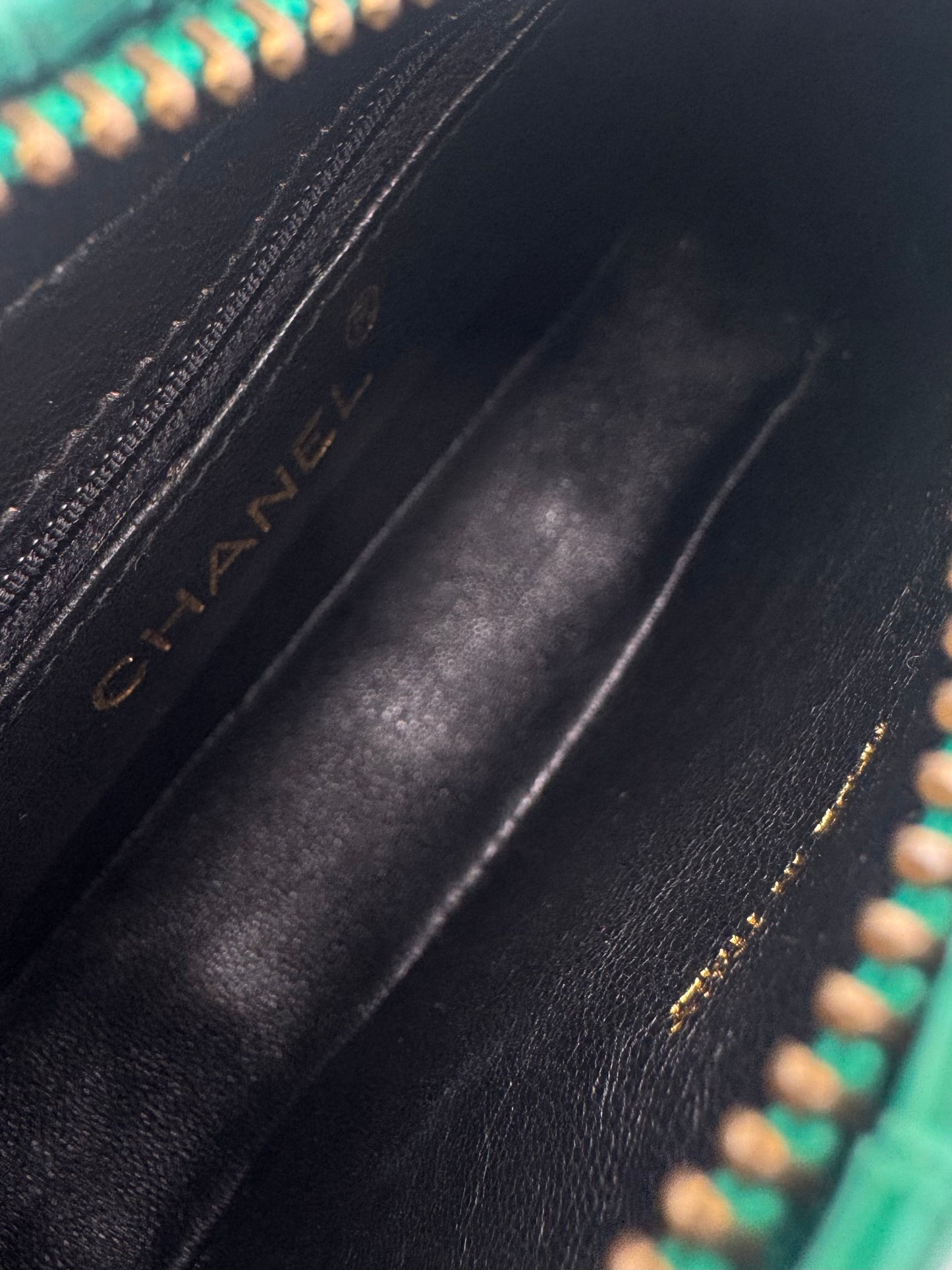 Vintage Chanel Teal Lizard Quilted Tassel Clutch