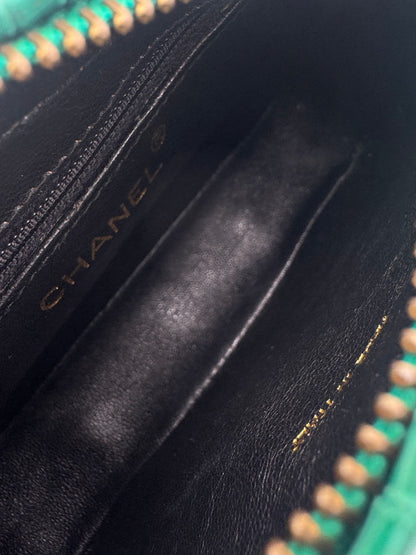 Vintage Chanel Teal Lizard Quilted Tassel Clutch