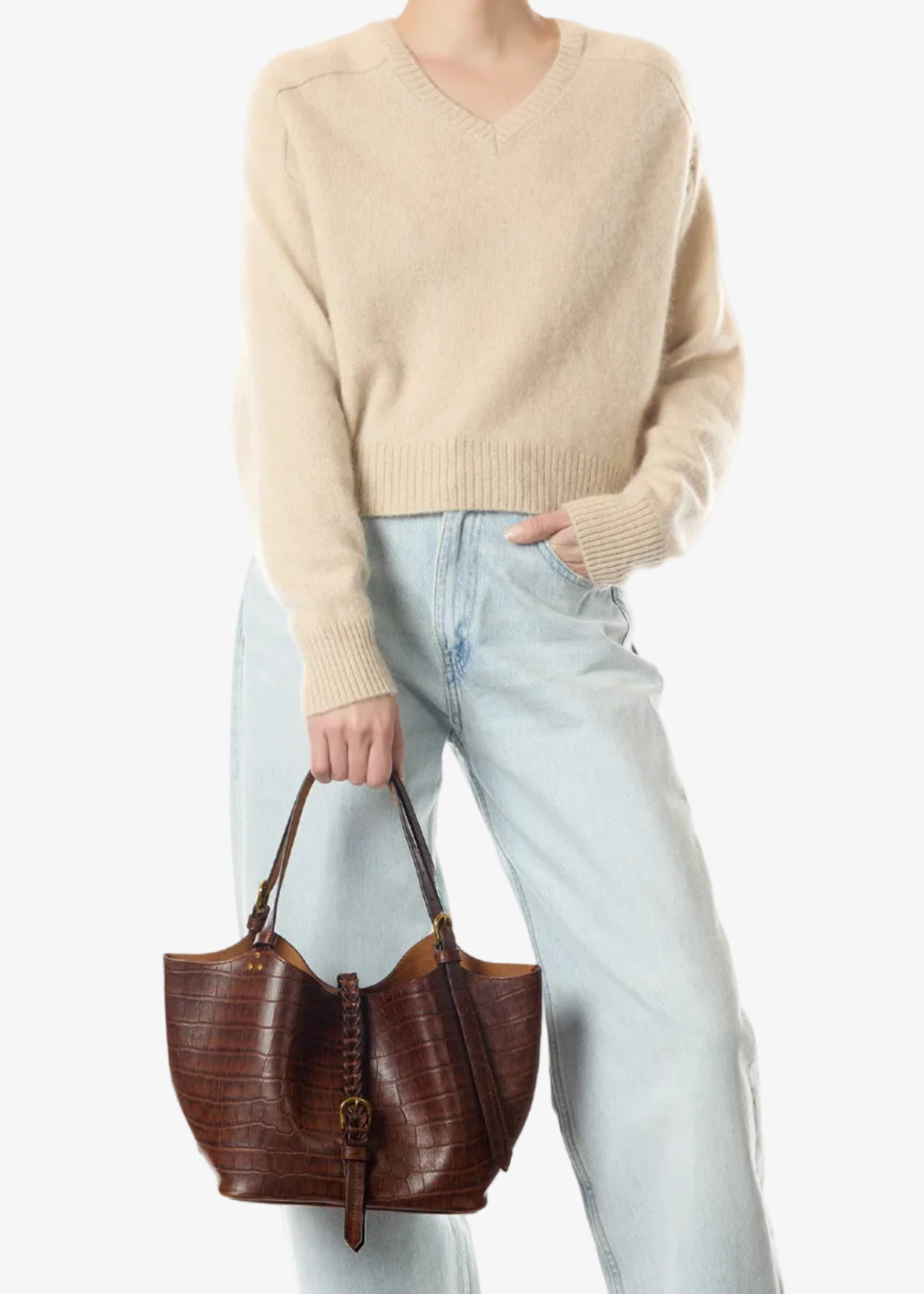 person wearing JEROME dreyfuss womens handbags Joseph S Shoulder Bag in Imprimé Croco Cigare Sheepskin