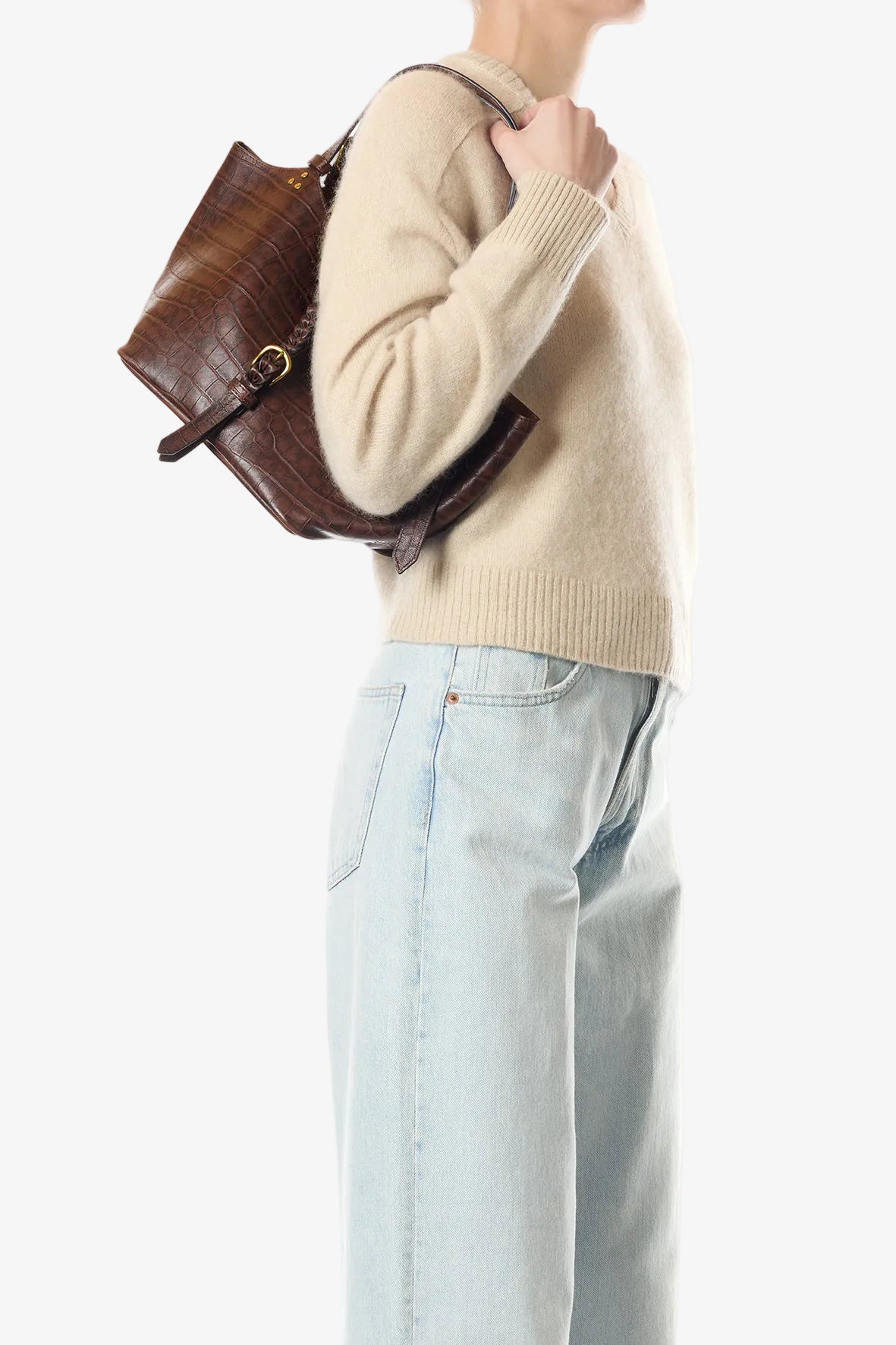 person wearing JEROME dreyfuss womens handbags Joseph S Shoulder Bag in Imprimé Croco Cigare Sheepskin