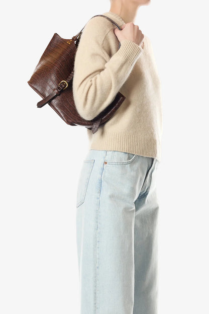 person wearing JEROME dreyfuss womens handbags Joseph S Shoulder Bag in Imprimé Croco Cigare Sheepskin