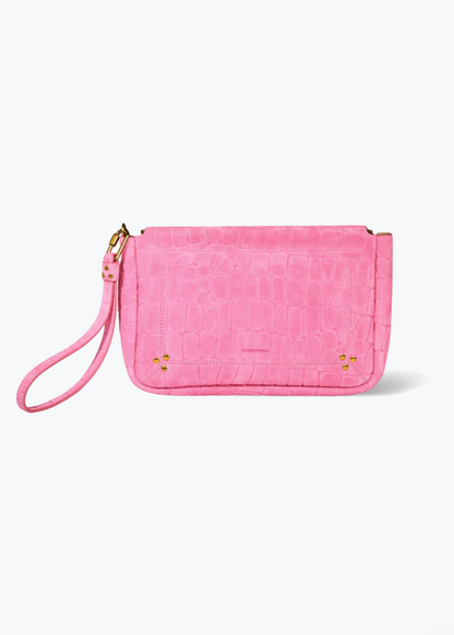 Jerome Dreyfuss Clap Clutch Large in Pink Croco Suede