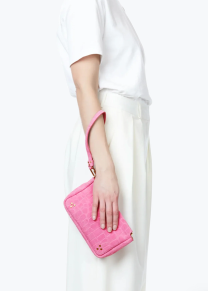 Person carrying Jerome Dreyfuss Clap Clutch Large in Pink Croco Suede