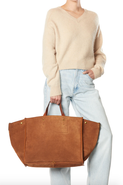 Person wearing Jerome Dreyfuss Léon L Split Suede Tote in Caramel