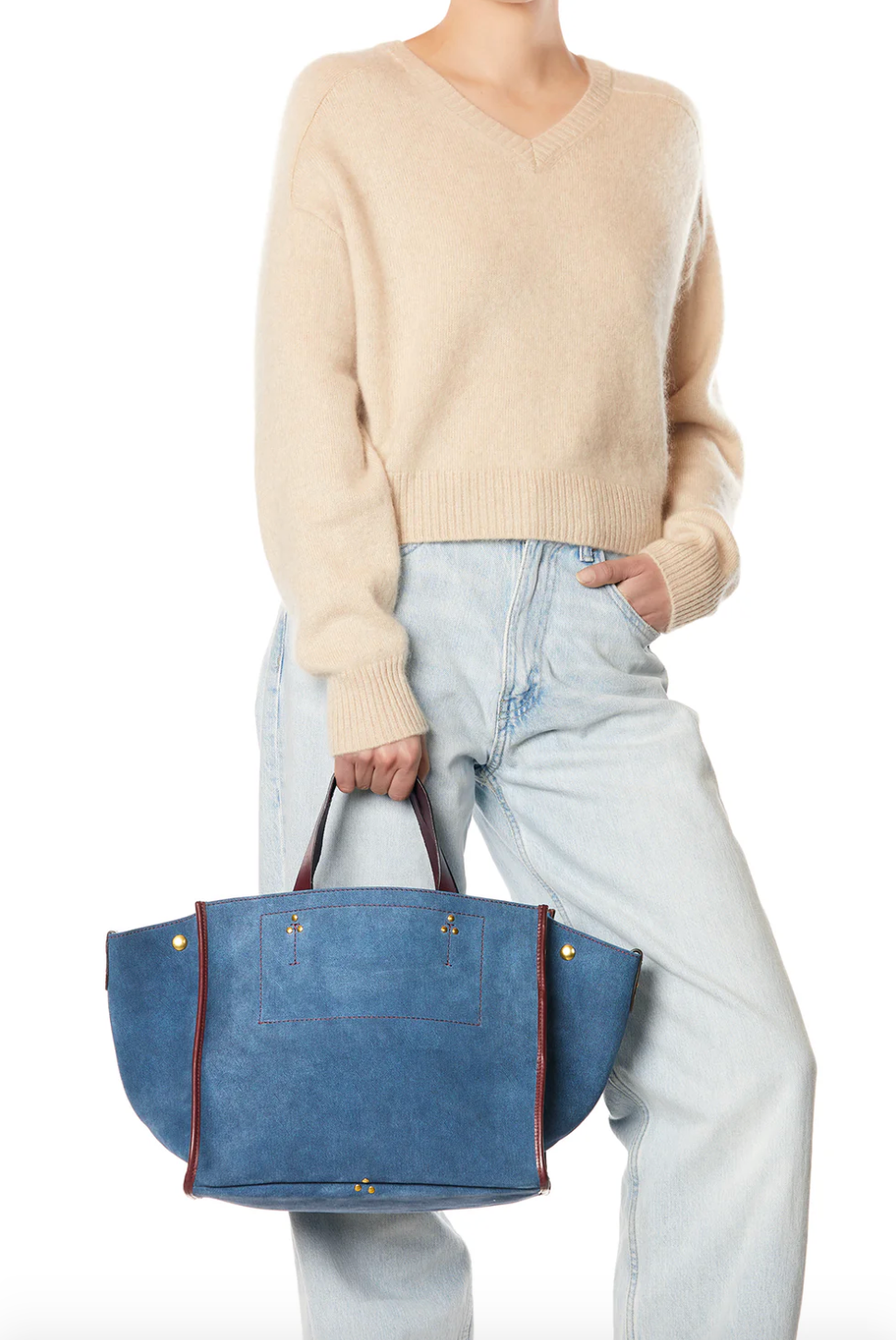 Person carrying Jerome Dreyfuss Léon M Suede Tote in Jeans