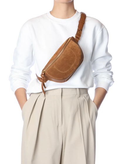 Person wearing Jerome Dreyfuss Lino Waist Banana Bag in Split Suede Tabac
