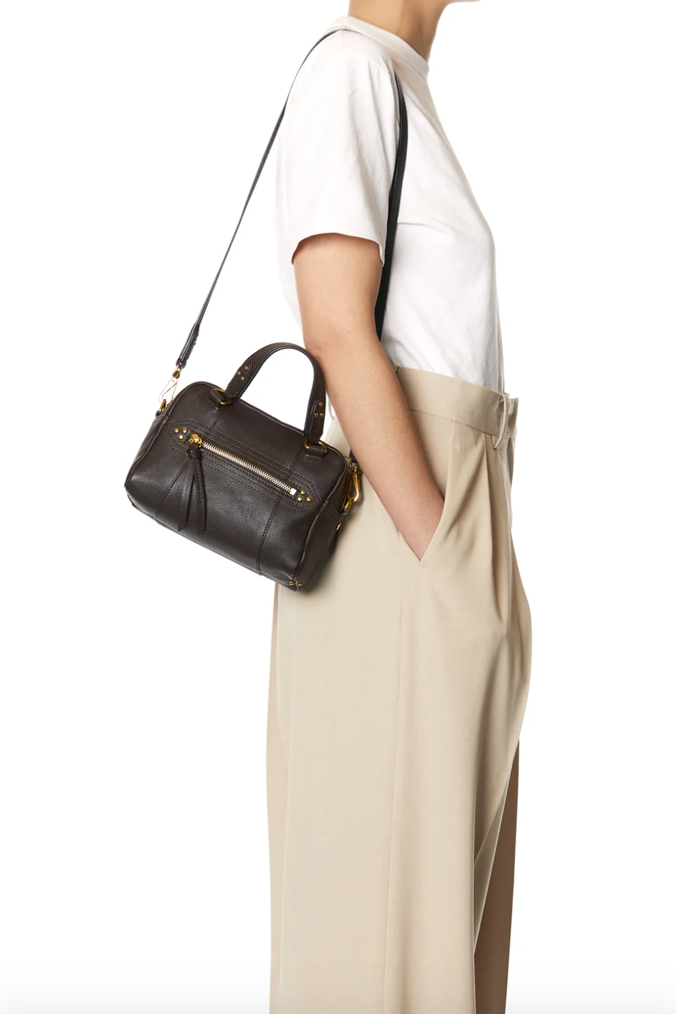 Person carrying Jerome Dreyfuss womens Lucky Bowling Mini Bag in Moka