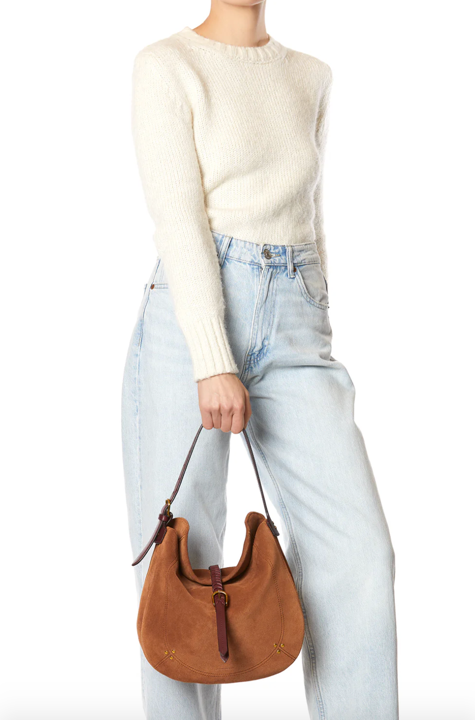 Person carrying Jerome Dreyfuss womens Luis Bag in Split Suede Caramel