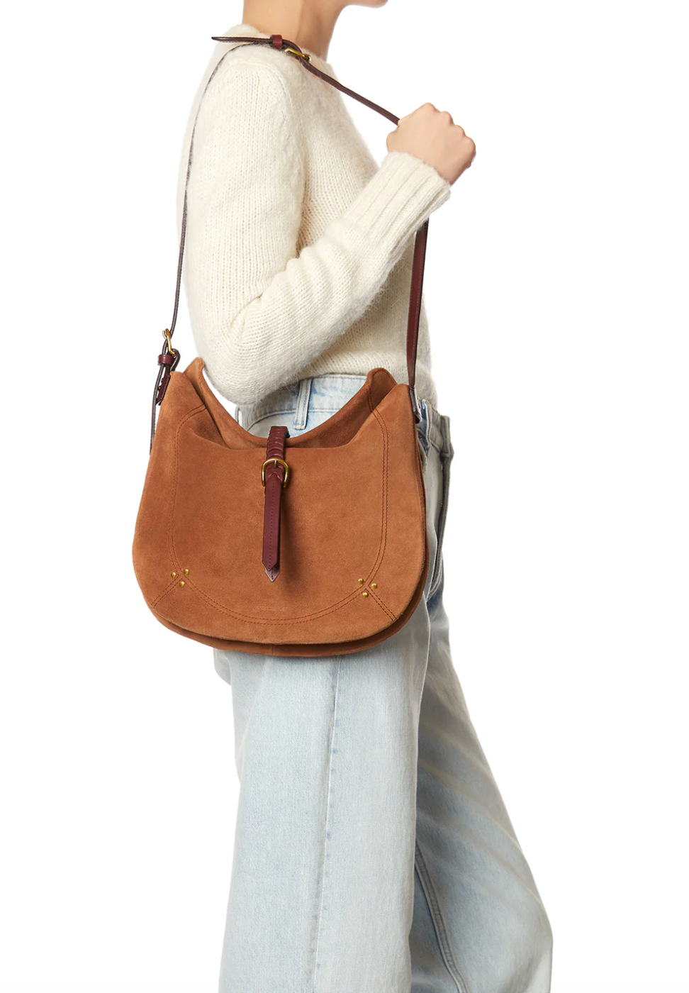 Person carrying Jerome Dreyfuss womens Luis Bag in Split Suede Caramel