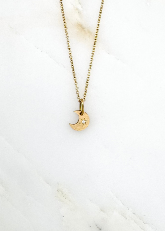 Julez Bryant fine jewelry 14k yellow gold diamond Teeny Tiny Mooney moon Charm Necklace