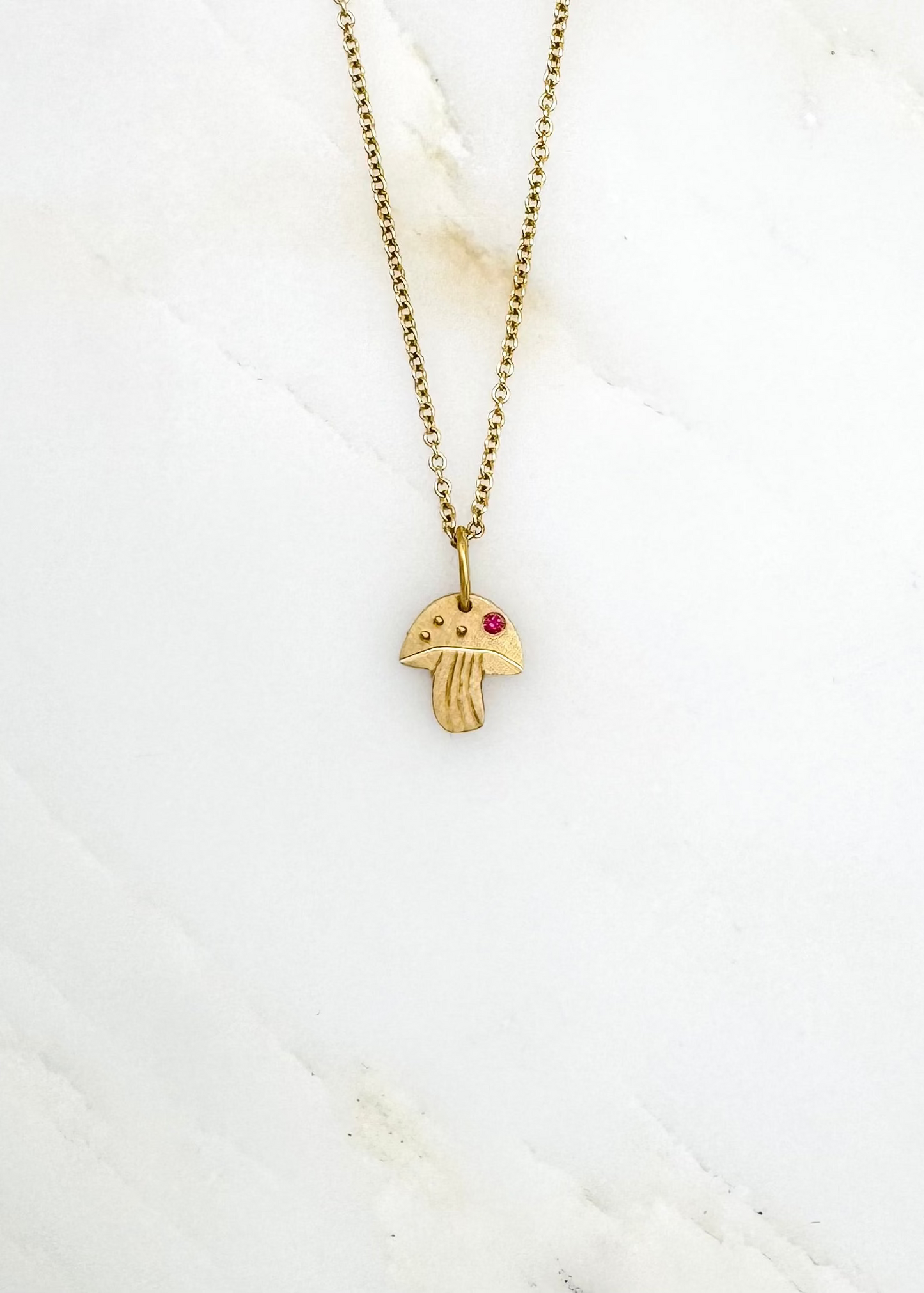Julez Bryant fine jewelry 14k yellow gold pink sapphire Teeny Tiny Mushy Mushroom Charm Necklace