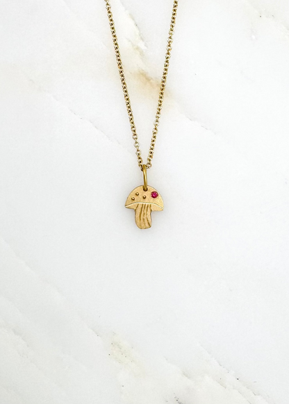 Julez Bryant fine jewelry 14k yellow gold pink sapphire Teeny Tiny Mushy Mushroom Charm Necklace